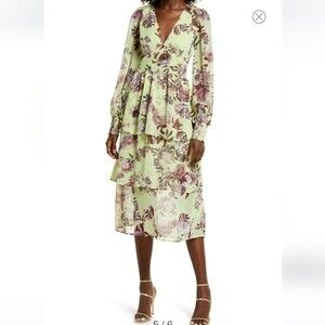 FOURTEENTH PLACE Ella Long Sleeve Chiffon Tiered Maxi dress in yellow bouquet XL